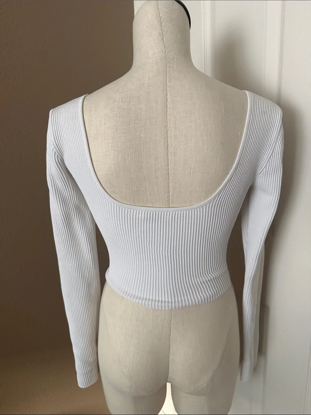 Aritzia White Ribbed Long Sleeve Scoop Crop Top